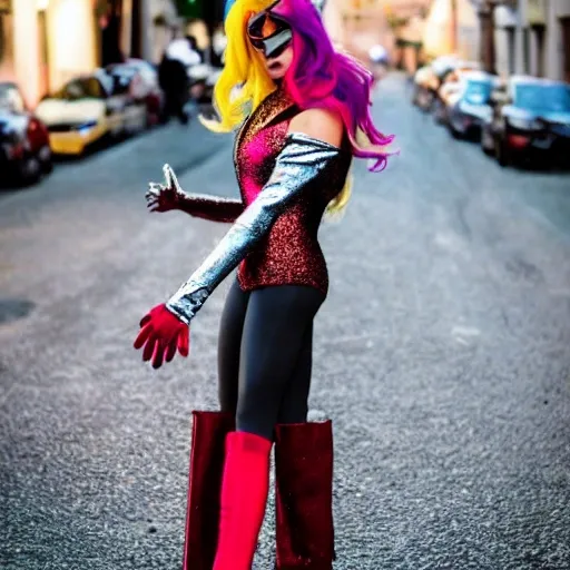 Una superheroina parada de cuerpo entero en la calle, vestida con un traje enterizo de color plateado brillante. Sus ojos son grandes y de color rojo luminoso, tiene cabello amarillo brillante y usa unas botas amarillas brillantes.