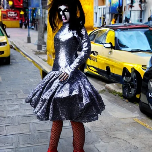 Una superheroina parada de cuerpo entero en la calle, vestida con un traje enterizo de color plateado brillante. Sus ojos son grandes y de color rojo luminoso, tiene cabello amarillo brillante y usa unas botas amarillas brillantes., 3D