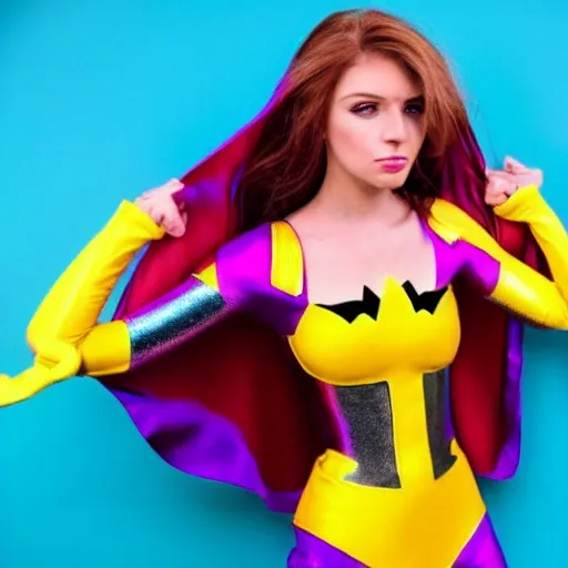 Una superheroina parada de cuerpo entero, vestida con un traje de color plateado brillante. Sus ojos de color rojo luminoso, tiene cabello amarillo brillante y usa unas botas amarillas brillantes.