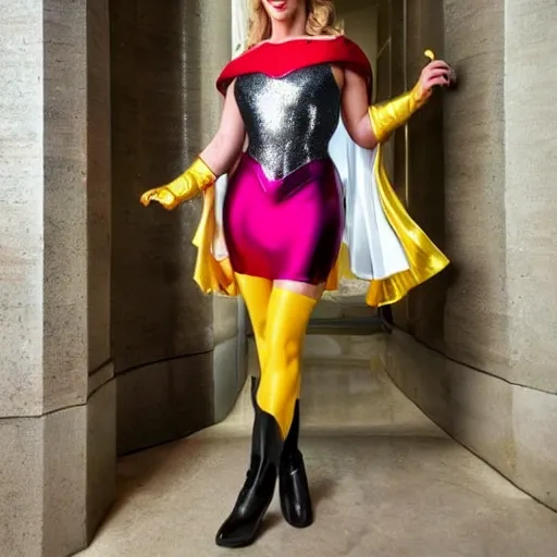 Una superheroina parada de cuerpo entero, vestida con un traje de color plateado brillante. Sus ojos de color rojo luminoso, tiene cabello amarillo brillante y usa unas botas amarillas brillantes., Realista 