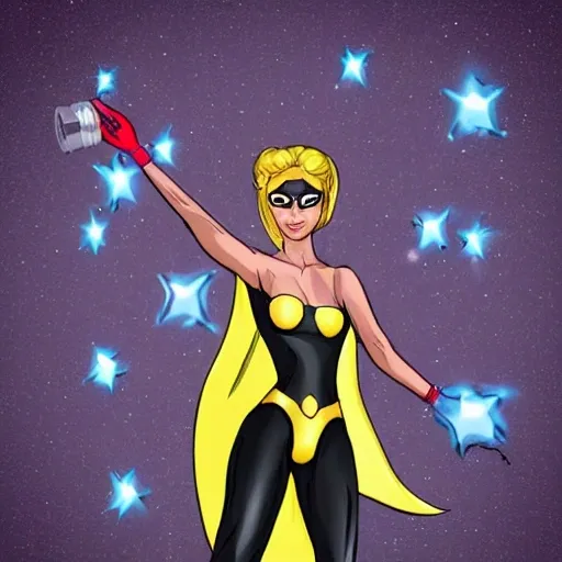 Una superheroina parada de cuerpo entero, vestida con un traje de color plateado brillante. Sus ojos de color rojo luminoso, tiene cabello amarillo brillante y usa unas botas amarillas brillantes. comic

