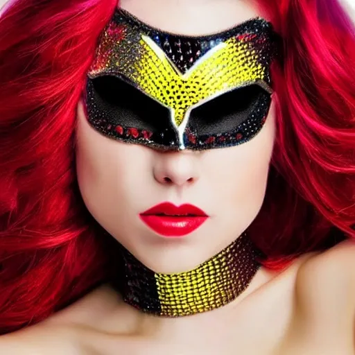 Una superheroina parada de cuerpo entero, vestida con un traje de color plateado brillante. Sus ojos de color rojo luminoso, tiene cabello amarillo brillante y usa unas botas amarillas brillantes. , Trippy