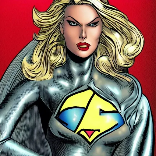 blond superheroine, with a silver suit