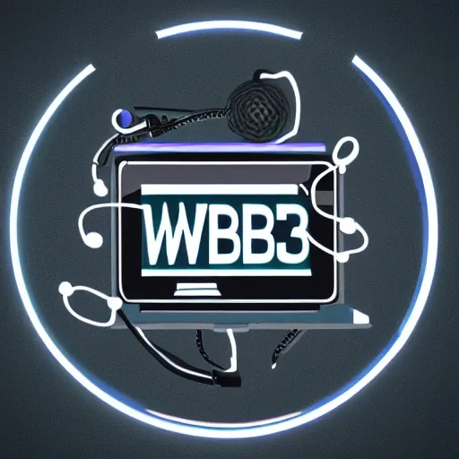 Awesome logo for a web3 music website, blockchain headphones with chains 3d in the middle that sees the future, with text, white, black, colores fluor background, futuristic and minimal style 3D, vibrant style, black background, 3D, 3D, Trippy, Cartoon