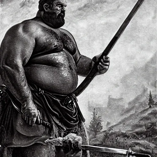 50_year_old chubby muscular big_belly medium_bearded goldsmith forging a sword with hammer at forge perfect face Mario Adorf, strong, extremely hairy arms, surrounded by fog, dramatic light fire lava, by JC Leyendecker, spot light, fantasy, intricate elegant highly detailed lifelike photorealistic, masterpiece, stunning environment