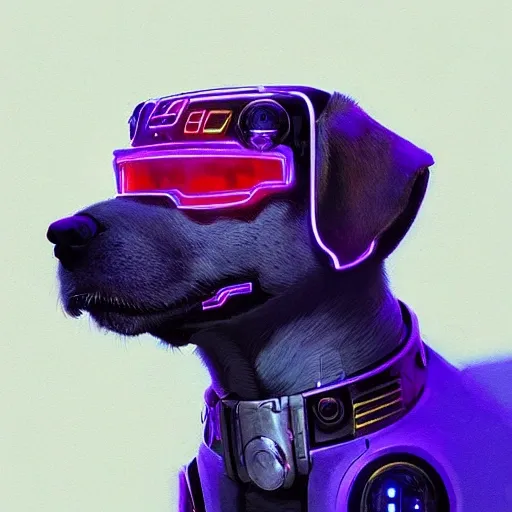 a beautiful portrait of a cute cyberpunk dog by greg rutkowski and wlop, purple blue color scheme, high key lighting, digital art, highly detailed, fine detail, intricate, ornate, complex