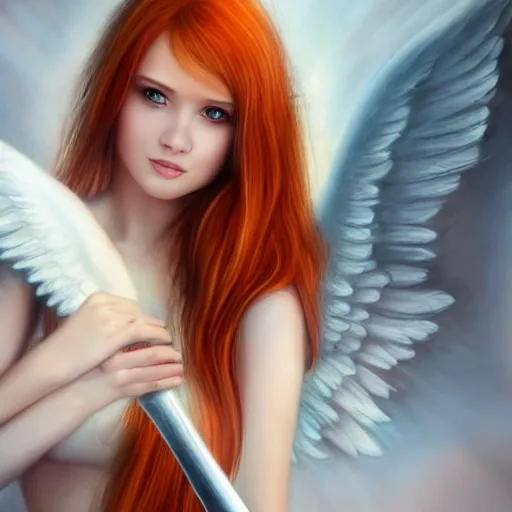 (8k, RAW photo, best quality, masterpiece:), (realistic-ultra-detailed, photo-realistic), (1 girl), pretty face, realistic full-body photo of a young redhead, very beautiful, with well-detailed features, face Shapely, kind smile, expressive eyes, fire-colored eyes, with beautiful mystical angel wings, wielding a majestic sword of fire, powerful, realistic shading