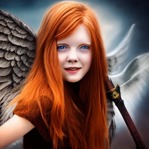 (8k, RAW photo, best quality, masterpiece:), (realistic-ultra-detailed, photo-realistic), (1 girl), pretty face, realistic full-body photo of a young redhead, very beautiful, with well-detailed features, face Shapely, kind smile, expressive eyes, fire-colored eyes, with beautiful mystical angel wings, wielding a majestic sword of fire, powerful, realistic shading