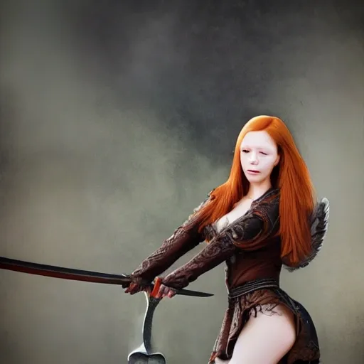 (8k, RAW photo, best quality, masterpiece:), (realistic-ultra-detailed, photo-realistic), (1 girl), pretty face, realistic full-body photo of a young redhead, very beautiful, with well-detailed features, face Shapely, kind smile, expressive eyes, fire-colored eyes, with beautiful mystical angel wings, wielding a majestic sword of fire, powerful, realistic shading