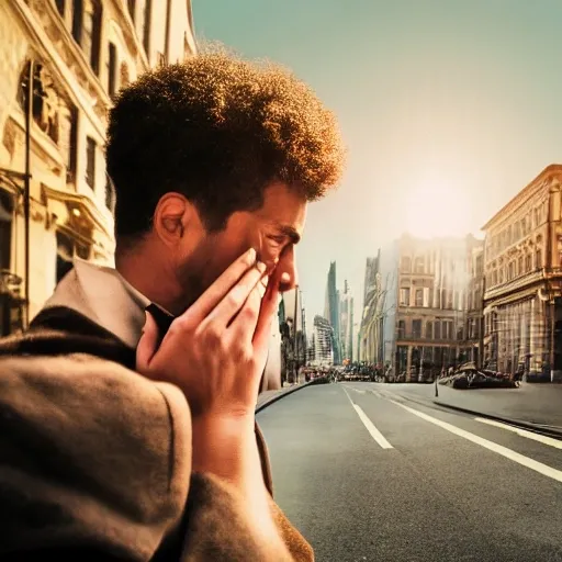 A pretty woman asking for forgiveness to a man crying in the city,film photography,Cinematic light,cinematic shot,black background centered,universe I cosmos,cinematic,FHD,1080P,2K,4K18K 