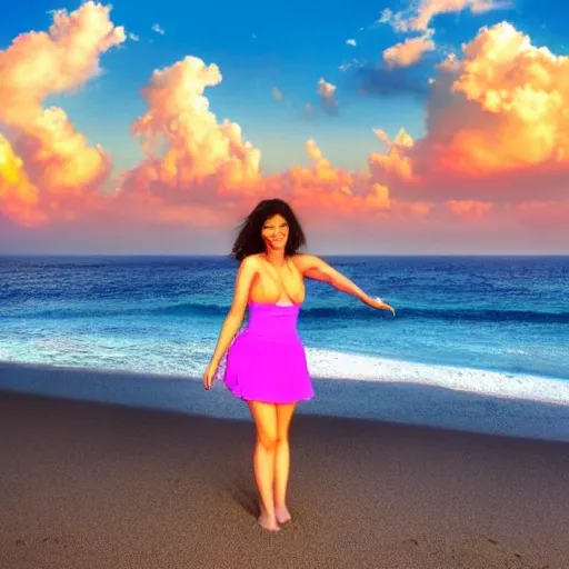 4K, high resolution, photo real, at the beach, beautiful sunny day, clouds, colorful sunset, with a girl facing the camera ,extremely happy look on face , nice hands, with palm trees, beautiful face , glowing skin, short dark blue hair, and blue skirt, large boobs, light blue ocean, small crashing waves on the beach ,  