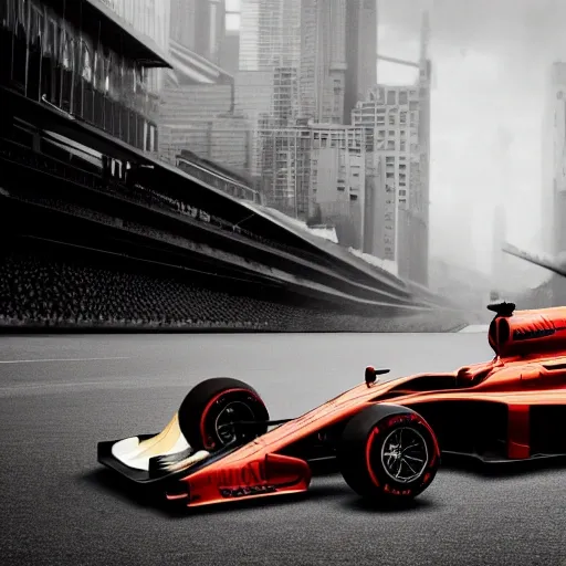 a formula 1 car,  set against a city, film photography,Cinematic light,cinematic shot, black background centered,cinematic,FHD,4K , in the style of Storm Thorgerson