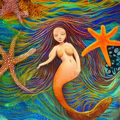 a mermaid surounded by starfish under sea scene
, 3D, Trippy, Oil Painting, Pencil Sketch