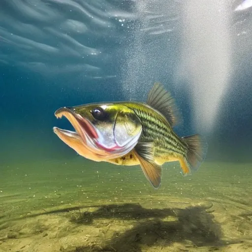 large mouth bass chasing minnow under water 