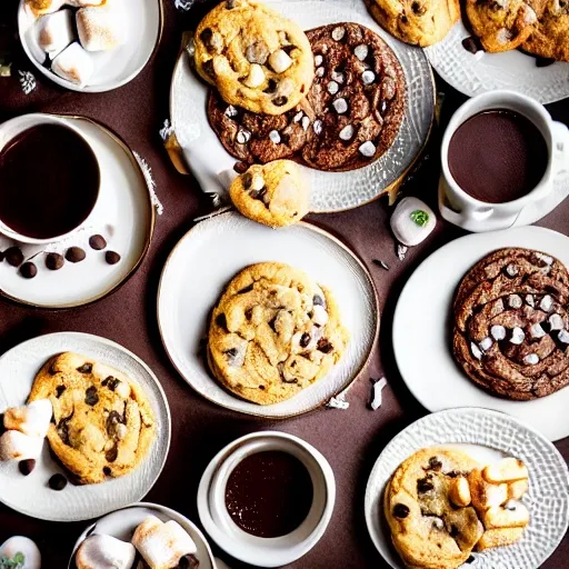 opulent banquet of plates of freshly baked chocolate chip cookies, delicious, glistening, chocolate sauce, marshmallows, highly detailed, food photography, art by rembrandt

