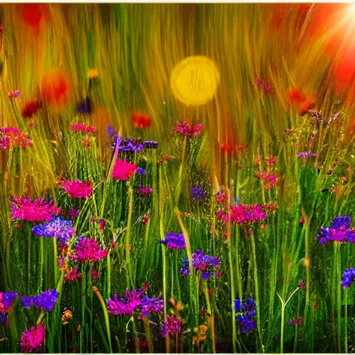 In the style of impressionism, a fine art photograph of a sun-drenched field of wildflowers. The colors are vibrant and saturated, with each flower carefully composed within the frame. The lighting is warm and natural, with the sun casting a soft glow on the scene. The overall effect is refreshing and serene, with the viewer feeling as though they are standing in the middle of a beautiful summer day., Trippy, Cartoon, Trippy