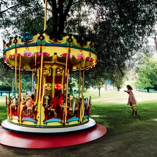 Girl alone in park with carousel moving at super fast speed she is panicking