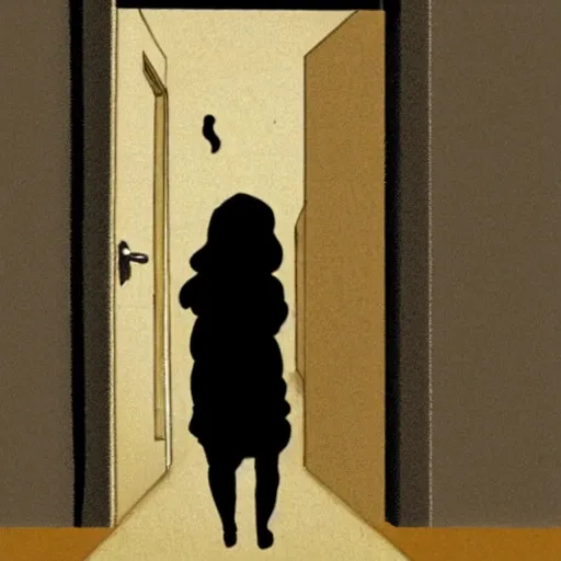 Create an image of a woman carrying a child, fleeing from a dark room. The woman should be dressed practically and look scared. The child should be wrapped in blankets and held close. The room should be sparsely furnished with only a bed visible. The image should convey a sense of urgency and danger.