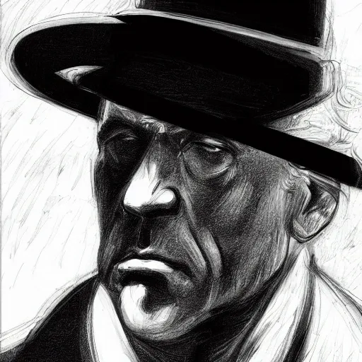 A noir-style portrait of a detective, drawn with pen and paper. The image features a strong focus on the character's face, with intricate details of the wrinkles and shadows enhancing the overall mood of the piece. The dynamic pose and angle of the character create a sense of action, with the overall composition reflecting a high-quality, award-winning piece.