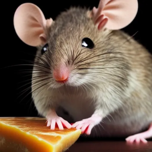 A cute mouse face, bite a cheese. The image features a strong focus on the mouse's face.