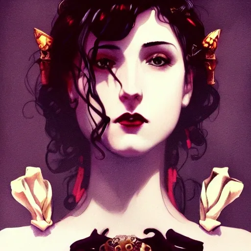 lucy westenra, bride, realistic, dark and ominous, gothic, canine teeth, comic cover, Alphonse Mucha, James Jean, character art, intricate detail, digital illustration, high resolution, trending on ArtStation, in the style of Charlie Bowater, Tom Bagshaw, and Waterhouse, Adam Hughes, Artgerm, J. C. Leyendecker, cinematic lighting, beautiful, elegant, cinematic, headroom, 8K, trending on artstation, volumetric light, lightrays, smoke, cinematic, atmospheric, octane render