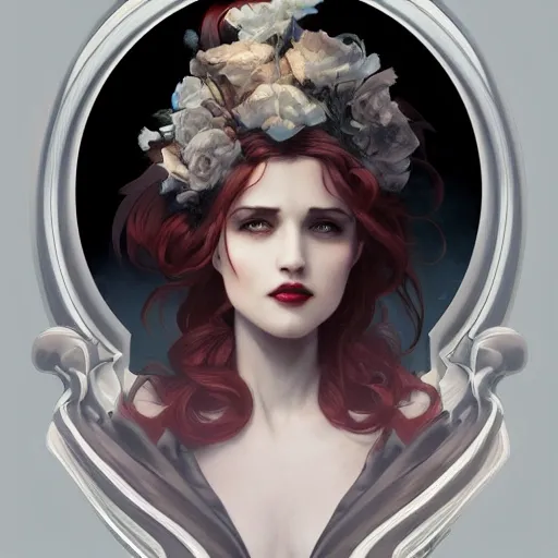 lucy westenra, bride, realistic, dark and ominous, gothic, canine teeth, comic cover, Alphonse Mucha, James Jean, character art, intricate detail, digital illustration, high resolution, trending on ArtStation, in the style of Charlie Bowater, Tom Bagshaw, and Waterhouse, Adam Hughes, Artgerm, J. C. Leyendecker, cinematic lighting, beautiful, elegant, cinematic, headroom, 8K, trending on artstation, volumetric light, lightrays, smoke, cinematic, atmospheric, octane render