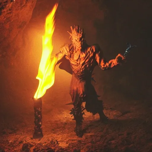 A darkness man in a cave figthing with a flame sword with big spiders