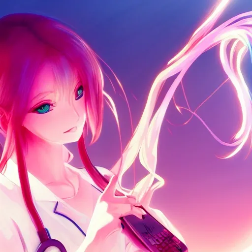 anime style, vivid, expressive, full body, 4 k, painting, a cute magical girl with a long wavy blonde hair wearing a nurse outfit, correct proportions, realistic light and shadow effects, neon lights, centered, simple background, studio ghibly makoto shinkai yuji yamaguchi 