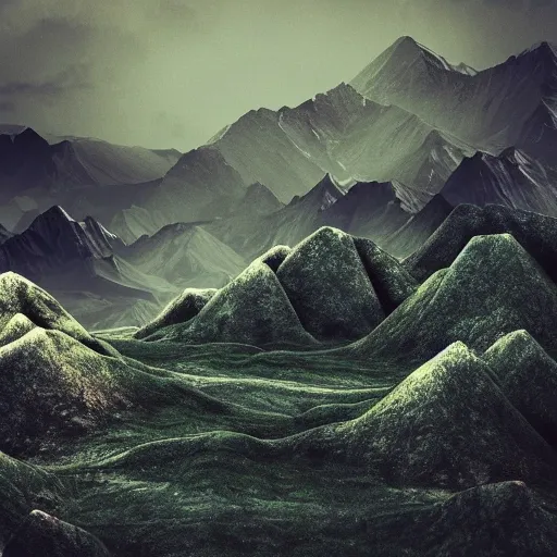 Landscape full of contrast. Beautiful and peaceful environment behind a rocky dark mountain , Trippy, 3D