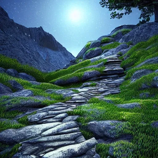 A path through a dark Rocky Mountain that leads to a peaceful and beautiful place at the end of it, 3D, Trippy