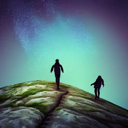 Generate an image that represents a person walking on a steep and rocky trail towards the top of a mountain, displaying a mix of emotions such as happiness and satisfaction of reaching the summit, but also anxiety and fear of walking on a dangerous and unknown trail. The image should include elements that suggest the help and support of a friend, such as a hand on the person's shoulder, reflecting the idea that sometimes we need the help of others to overcome our challenges, 3D, Trippy