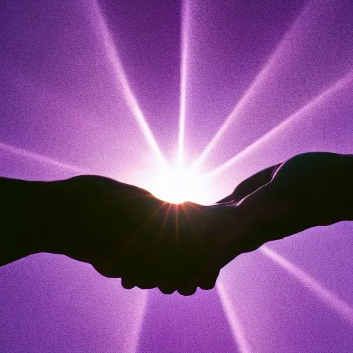 Hands touching sunbeams in a purple light, photography style high quality.