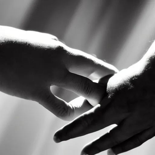 Hands touching sunbeams in black and white, photography style high quality.