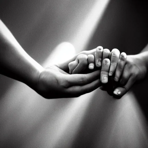 Hands touching sunbeams in black and white, photography style high quality.