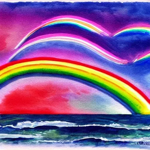 Imagine the Internet as a beautiful rainbow in a stormy sky. Imagine someone surfing this rainbow with a special surfboard designed for the internet.  Water Color