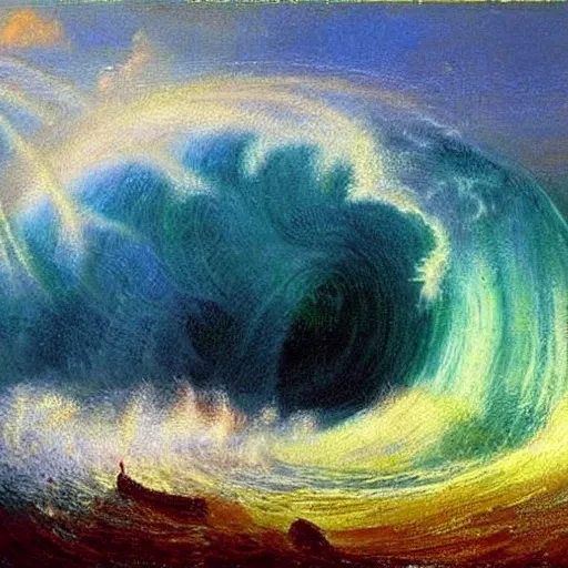 Imagine the Internet as a beautiful rainbow in a stormy sky with giant waves at  painted by an Impressionist artist.