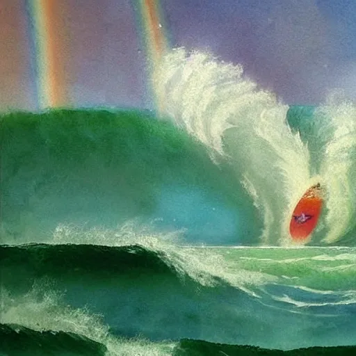 Imagine the Internet as a beautiful rainbow in a sky where someone is surfing giant waves as painted by an Impressionist artist., Water Color