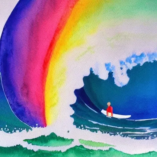 Imagine the Internet as someone surfing a rainbow that melts into a sea with giant waves. , Water Color