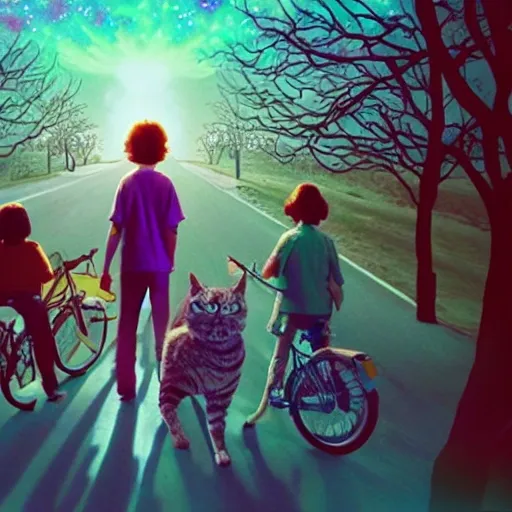 vision of lsd, cats, dogs, trees shaped like human faces, the sky showing the universe and shooting stars, on the horizon a portal from stranger things with the characters from the series in front, well detailed, real face, details, photo realistic. 8k, full hd,