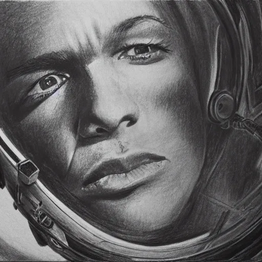 A noir style portrait of an astronaut, drawn with pencil and paper. The image features a strong focus on the character's face, with intricate detailing of wrinkles and shadows enhancing the overall mood of the piece. The character's dynamic pose and angle create a sense of action, and the overall composition reflects a high-quality, award-winning piece., Pencil Sketch