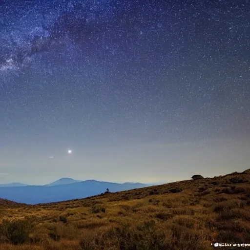 paisaje de montañas con un cielo de estrellas, la imagen es mitad morada y mitad azul degradado