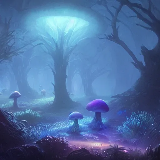 concept art painting of a fantasy alien fungal landscape at night, with glowing blue lights, glowing blue mushrooms, dark purple sky, realistic, detailed, cel shaded, in the style of makoto shinkai and greg rutkowski and albert bierstadt and james gurney