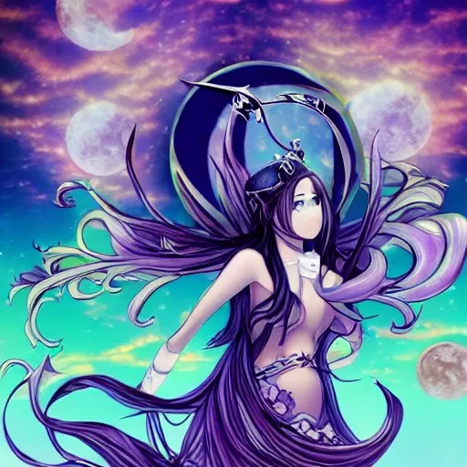 moon goddess, fantasy, trippy, anime, dream