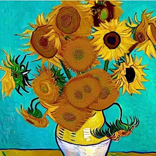 Generate a high definition image of an image inspired by Vincent Van Gogh's Sunflowers that is photorealistic and visually stunning. The image must be at least 2000 pixels wide and high, with a [sRGB] color profile and a [jpg] file format. Make sure the image has a clear, detailed view of each and every detail and is of the highest quality possible."