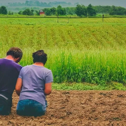 two farmers on a farm field praying to God and waiting for the rain to come