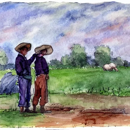 two farmers on a farm field praying to God and waiting for the rain to come, Water Color