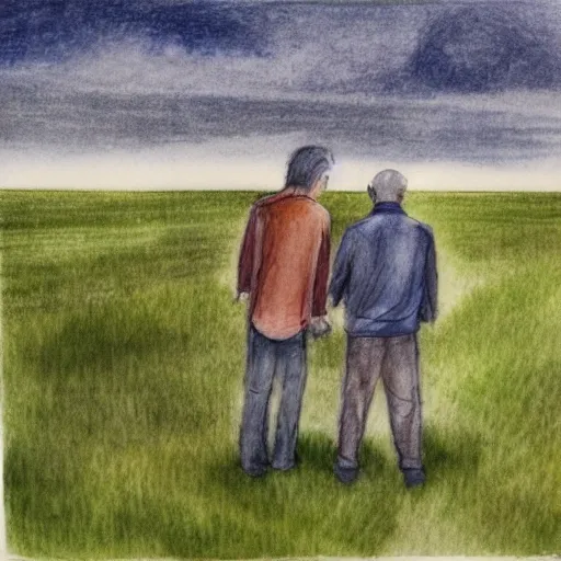 two farmers on a farm field praying to God and waiting for the rain to come, Water Color, Pencil Sketch