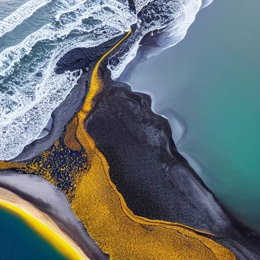 a large body of water next to a beach, black sand, dark yellowish water, erosion channels river, uhd hyperdetailed photography, yann arthus - bertrand, icelandic landscape, lava streams, iceland landscape photography, beautiful black blue yellow, national geographic photographs, iceland photography, color aerial photo drone, icelandic valley, national geographic ”, black and yellow colors, iceland landscape