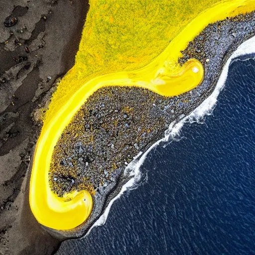 a large body of water next to a beach, black sand, dark yellowish water, erosion channels river, uhd hyperdetailed photography, yann arthus - bertrand, icelandic landscape, lava streams, iceland landscape photography, beautiful black blue yellow, national geographic photographs, iceland photography, color aerial photo drone, icelandic valley, national geographic ”, black and yellow colors, iceland landscape