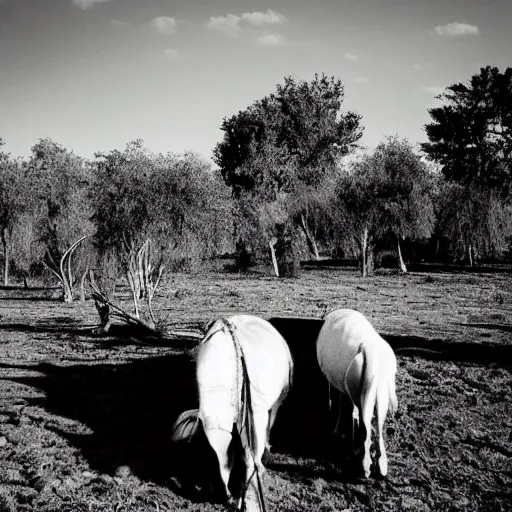 Una foto en blanco y negro, de un niño y un burro en un campo arado sin sembrar, con arboles secos sin hojas, cielo tormentoso con iluminacion cinematografica y dramatica al estilo de rembrandt y caravaggio